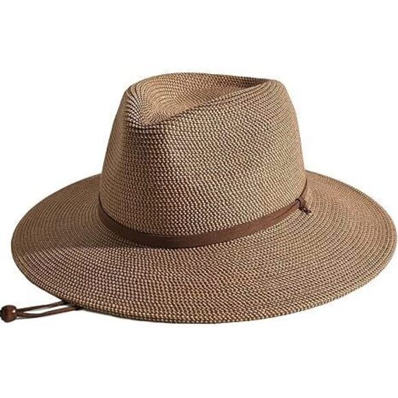 WOMENS SUMMER STRAW SUN HATS WIDE BRIM PANAMA FEDORA BEACH HAT WITH WIND LANYARD main image 4